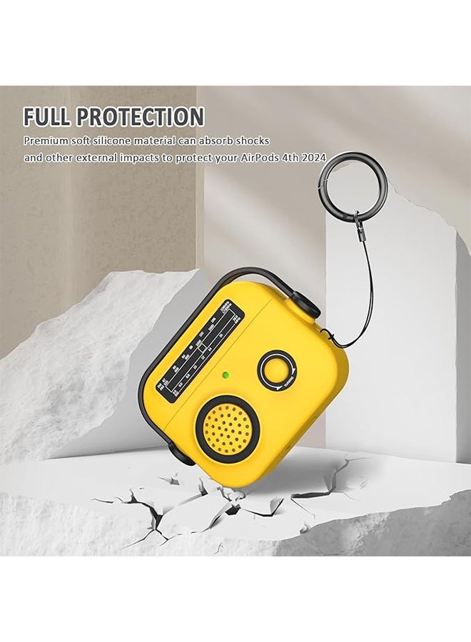Compatible Protective Case Cover with AirPods 4, Vintage Radio Design Protective Case with Carabiner, Soft TPU Protective Shockproof Case, Front LED Visible - Yellow - Image 3