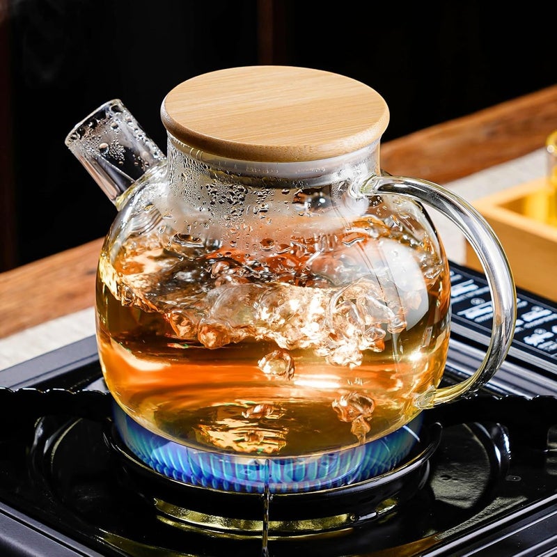 Generic Glass Teapot with Wooden Lid Stovetop Microwave Safe 1 Liter Borosilicate Glass Clear Removable Metal Infuser Ergonomic Design LeakProof  - Image 3