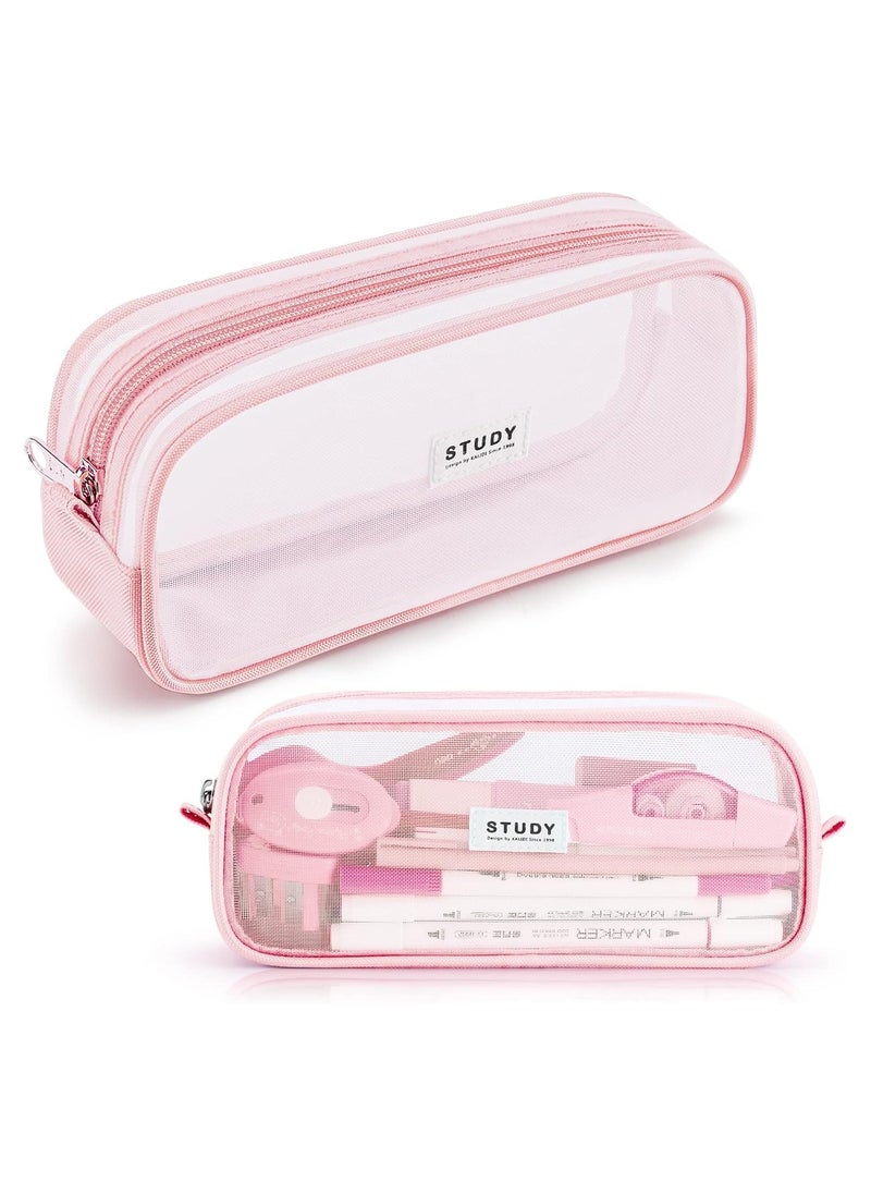 NIIMBOT Grid Mesh Pencil Case Pen Bag Clear Case Marker Pouch Multifonction Organizer Box Transparent case Makeup Bag Office College School Gift for adults Teen Girl Boy, pink, Clear  - Image 2