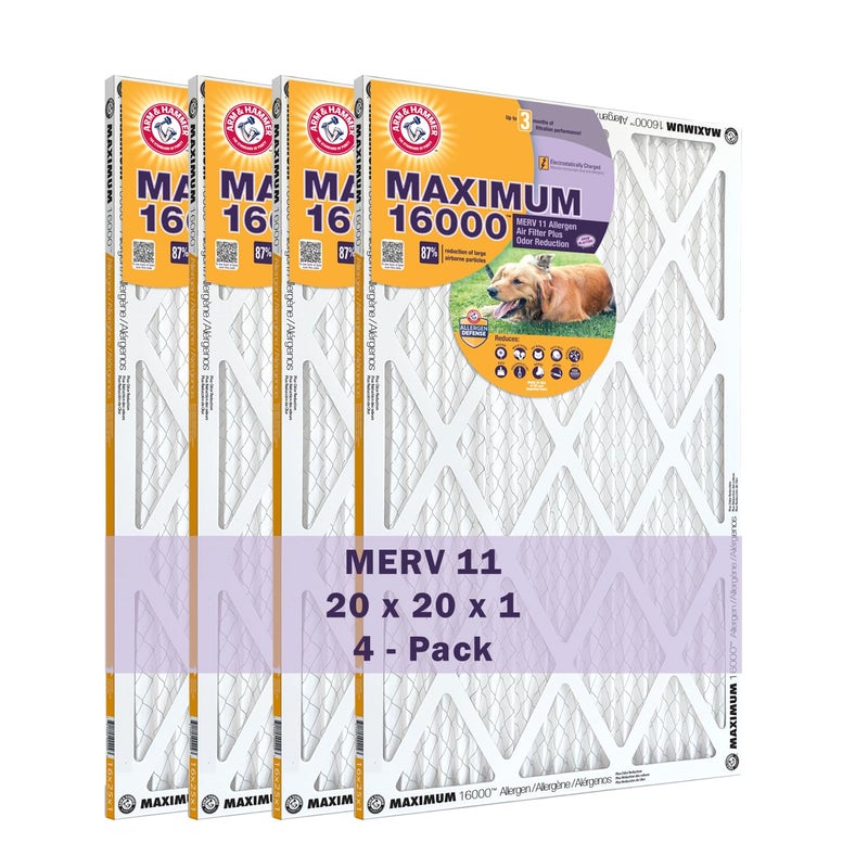 Arm & Hammer Arm Hammer Max Allergen Odor Reduction 20x20x1 Air and Furnace Filter MERV 11 4Pack