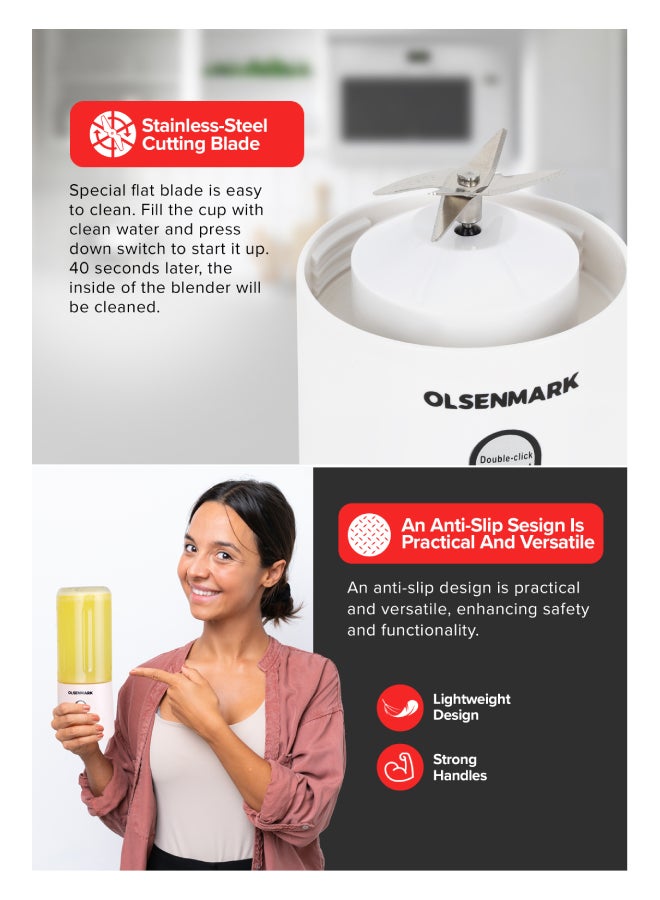 Olsenmark Rechargeable Portable Blender Mixer Shaker Juicer 60W, All Kinds Of Fruits And Vegetables 410ML, Double Safety Protection Switch Health And Environmental Protection 410 ml 60 W OMSB2495 Multicolour - Image 3