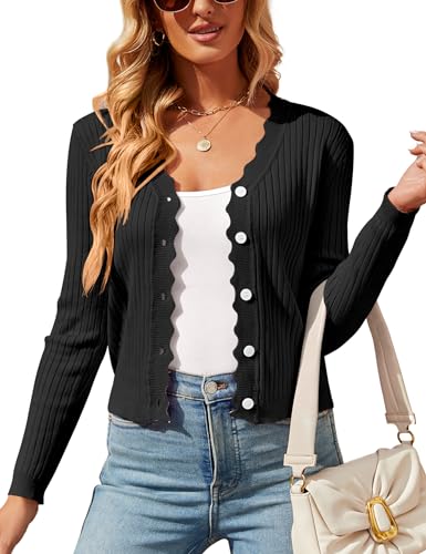 SECRETEYARD Womens Cropped Cardigan Knit Shrugs for Dresses Tops V Neck Button Down Cardigans Sweaters Black - Image 1