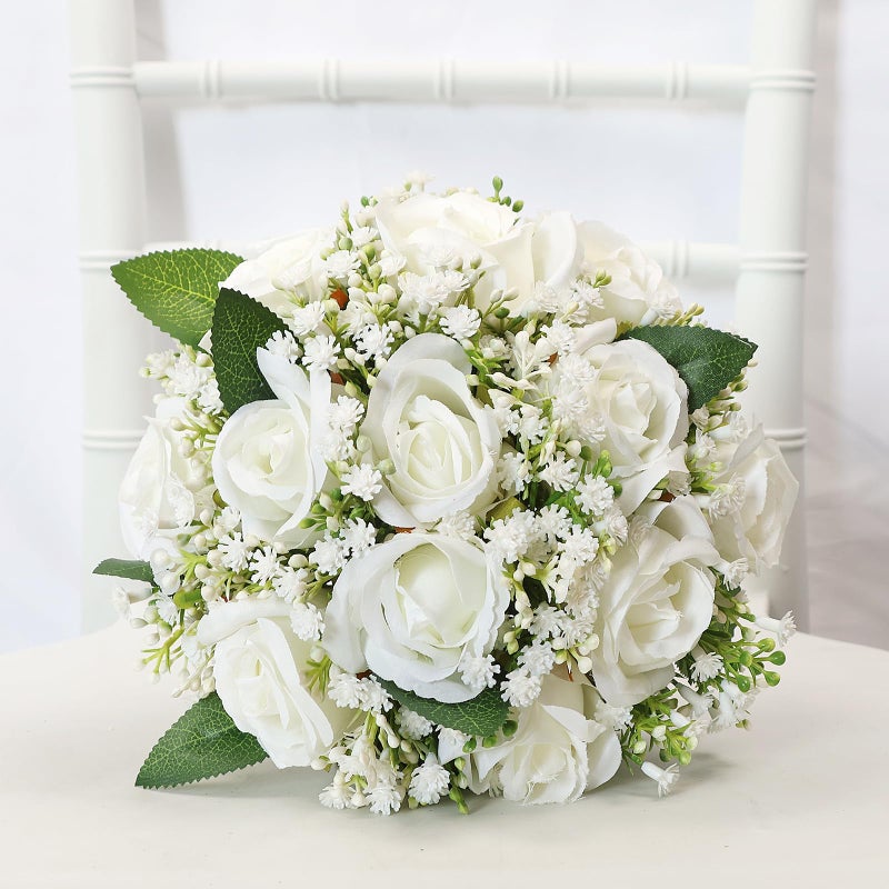 SEMONONIA Artificial Bridesmaid Bouquets Set of 6 for Wedding - 7 inch White Flowers Bouquets for Bridesmaids, Faux Rose Gypsophila Rustic Small Floral Bouquet Fake Boho Wedding Party Ceremony Anniversary Decor - Image 3