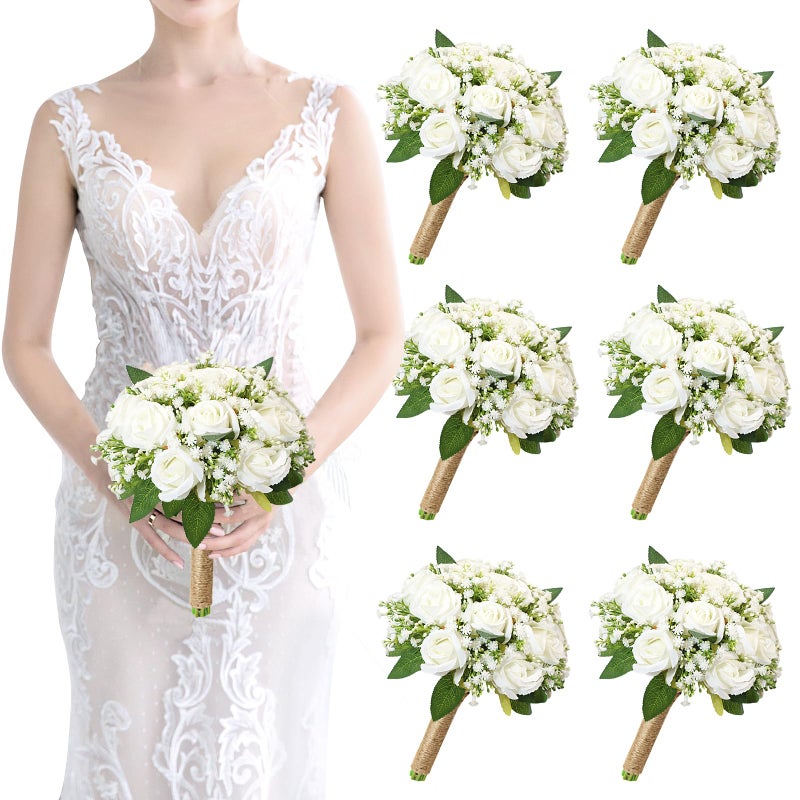 SEMONONIA Artificial Bridesmaid Bouquets Set of 6 for Wedding - 7 inch White Flowers Bouquets for Bridesmaids, Faux Rose Gypsophila Rustic Small Floral Bouquet Fake Boho Wedding Party Ceremony Anniversary Decor - Image 1