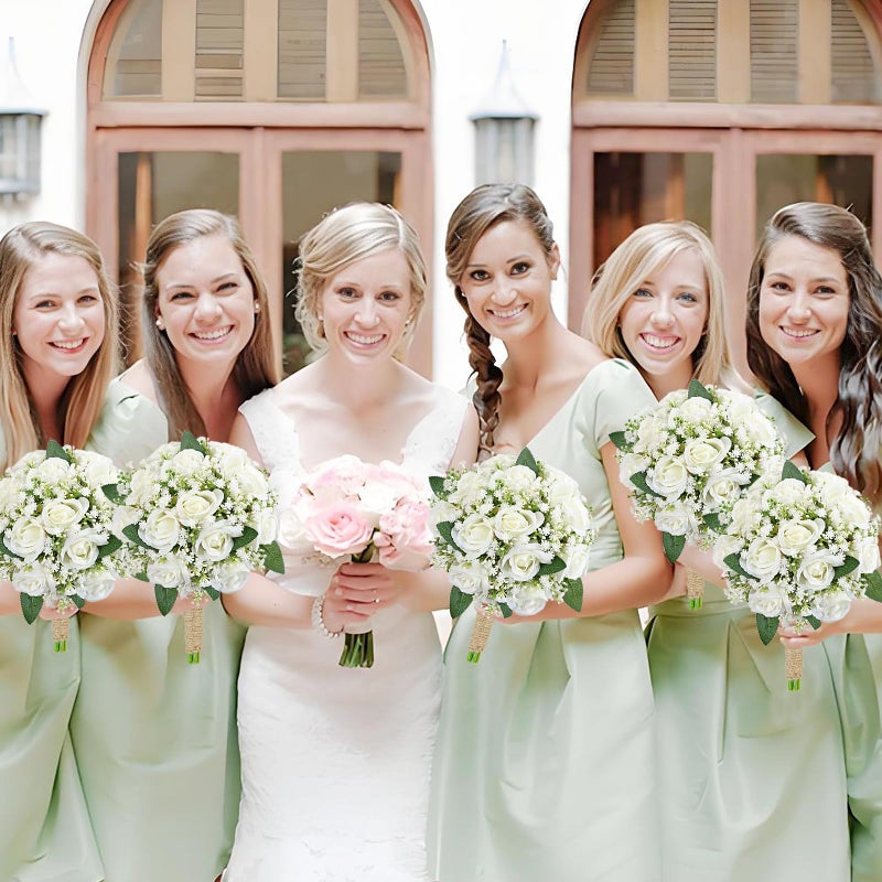 SEMONONIA Artificial Bridesmaid Bouquets Set of 6 for Wedding - 7 inch White Flowers Bouquets for Bridesmaids, Faux Rose Gypsophila Rustic Small Floral Bouquet Fake Boho Wedding Party Ceremony Anniversary Decor - Image 5