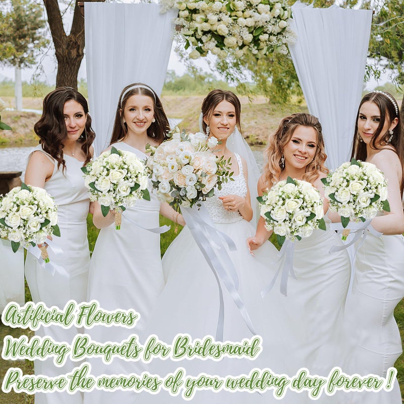 SEMONONIA Artificial Bridesmaid Bouquets Set of 6 for Wedding - 7 inch White Flowers Bouquets for Bridesmaids, Faux Rose Gypsophila Rustic Small Floral Bouquet Fake Boho Wedding Party Ceremony Anniversary Decor - Image 4
