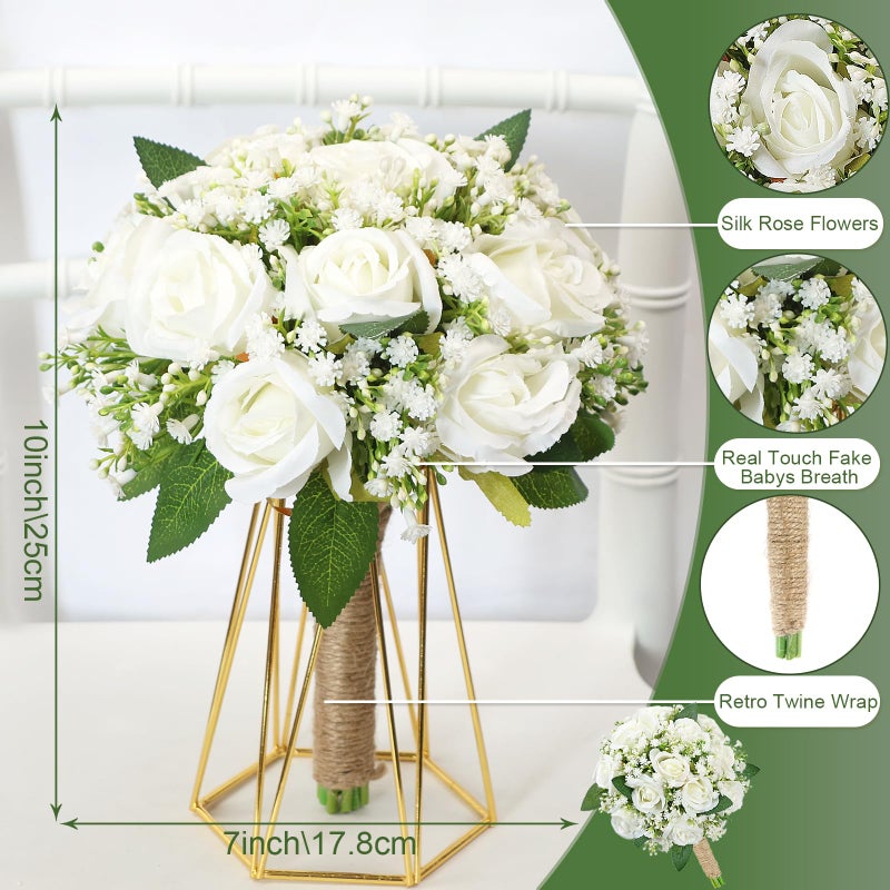 SEMONONIA Artificial Bridesmaid Bouquets Set of 6 for Wedding - 7 inch White Flowers Bouquets for Bridesmaids, Faux Rose Gypsophila Rustic Small Floral Bouquet Fake Boho Wedding Party Ceremony Anniversary Decor - Image 2