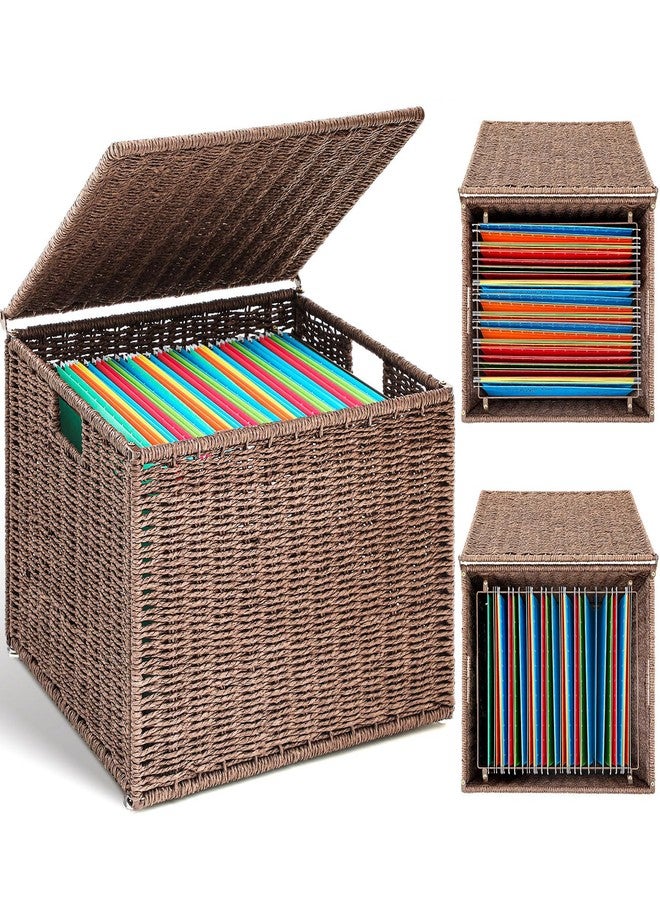 Cinnvoice Extra Large Decorative File Box 18 x 16 x 13 in Wicker Seagrass File Basket Organizer for Letter Legal Size Hand Woven Hanging Filing Cabinet with Lid for Office Paper Rope, Dark Brown - Image 1