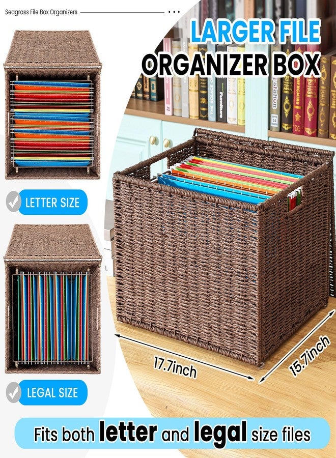 Cinnvoice Extra Large Decorative File Box 18 x 16 x 13 in Wicker Seagrass File Basket Organizer for Letter Legal Size Hand Woven Hanging Filing Cabinet with Lid for Office Paper Rope, Dark Brown - Image 2