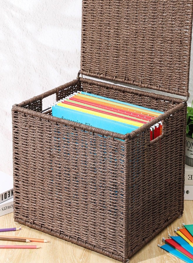 Cinnvoice Extra Large Decorative File Box 18 x 16 x 13 in Wicker Seagrass File Basket Organizer for Letter Legal Size Hand Woven Hanging Filing Cabinet with Lid for Office Paper Rope, Dark Brown - Image 5