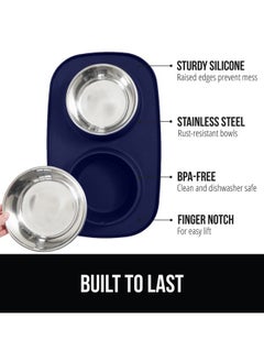 Gorilla Grip Gorilla Grip 100% Waterproof BPA Free Cat and Dog Bowls Silicone Feeding Mat Set, Stainless Steel Bowl Slip Resistant Raised Edges, Catch Water, Food Mess, No Spills, Pet Accessories, 4 Cup, Navy  - Image 1