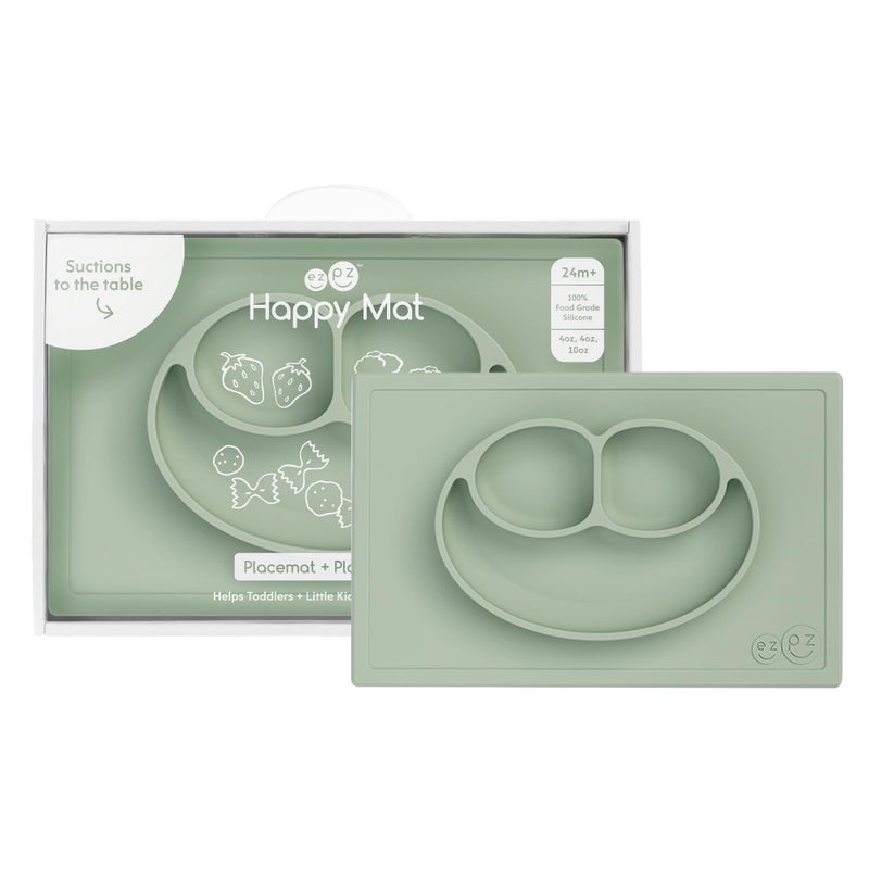 ezpz Happy Mat (Sage) - 24 Months+ - 100% Silicone Suction Placemat + Divided Plate with Three Compartments - Toddler + Preschool Essentials - Image 1