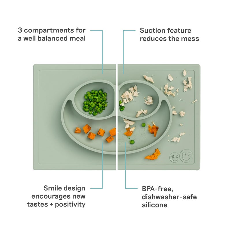 ezpz Happy Mat (Sage) - 24 Months+ - 100% Silicone Suction Placemat + Divided Plate with Three Compartments - Toddler + Preschool Essentials - Image 2