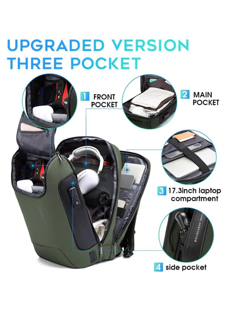 BANGE BANGE Anti Theft Backpack with USB charging Port,Lightweight Business Backpack for Men and Women   Green(3 pocket for travel)  - Image 2
