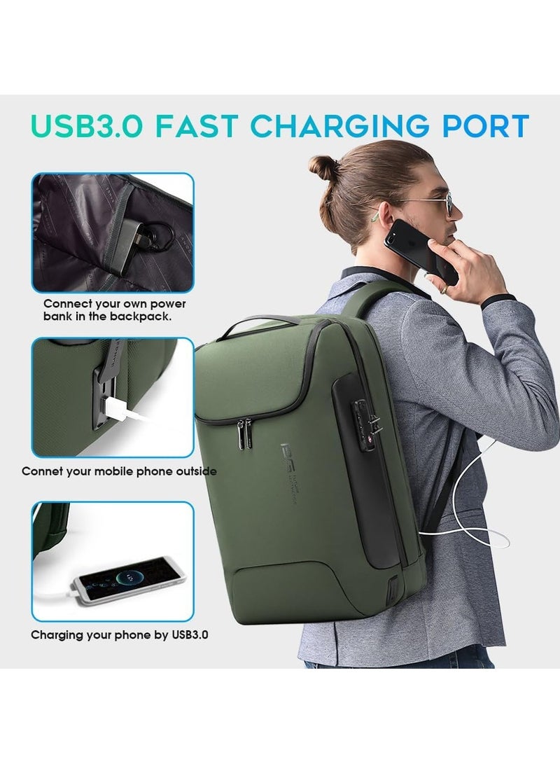 BANGE BANGE Anti Theft Backpack with USB charging Port,Lightweight Business Backpack for Men and Women   Green(3 pocket for travel)  - Image 4