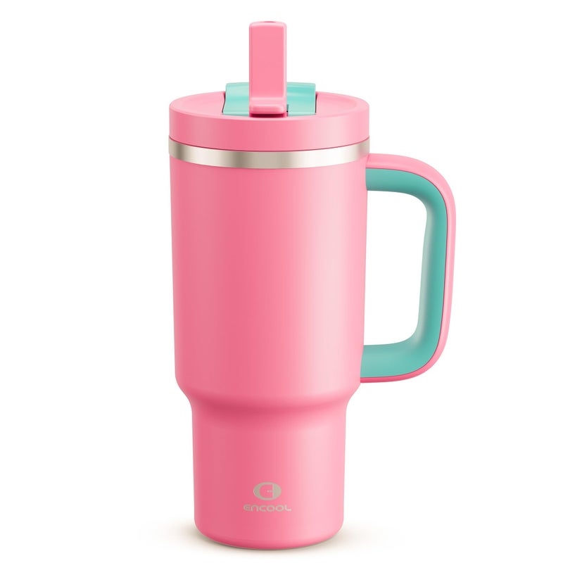 ENCOOL 32 oz Tumbler with Handle and Straw: Stainless Steel Insulated Tumbler Keeps Cold for 24 Hours, Leakproof Travel Cup Fits in Cup Holder and BPA-Free,Tulip - Image 1