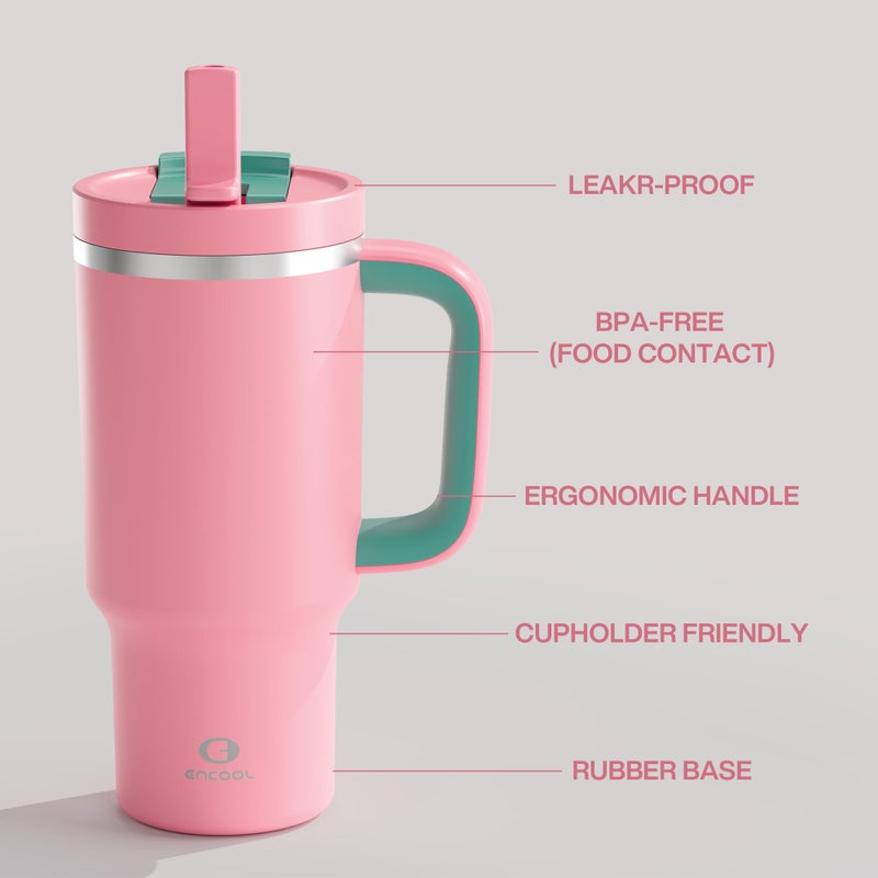 ENCOOL 32 oz Tumbler with Handle and Straw: Stainless Steel Insulated Tumbler Keeps Cold for 24 Hours, Leakproof Travel Cup Fits in Cup Holder and BPA-Free,Tulip - Image 3