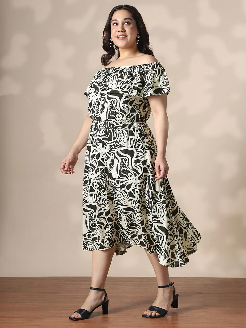 globus Globus Gloplus Women Black & White Abstract Print Off-Shoulder Fit & Flare Plus Size Midi Dress