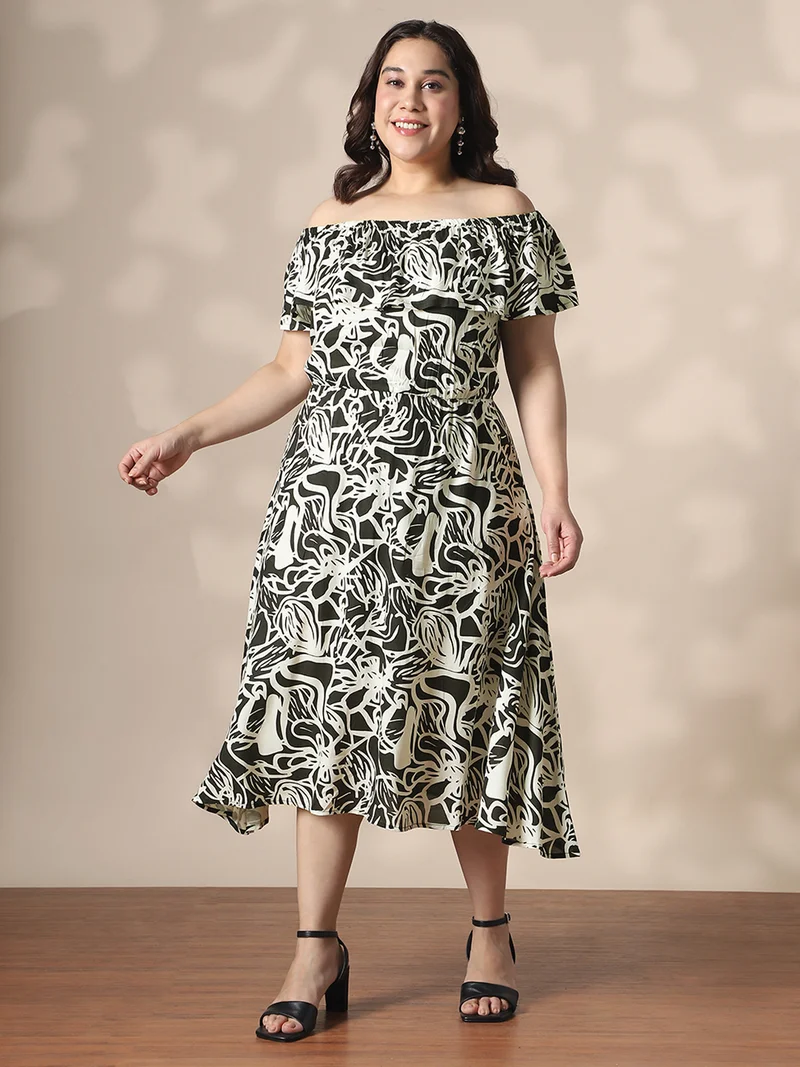 globus Globus Gloplus Women Black & White Abstract Print Off-Shoulder Fit & Flare Plus Size Midi Dress