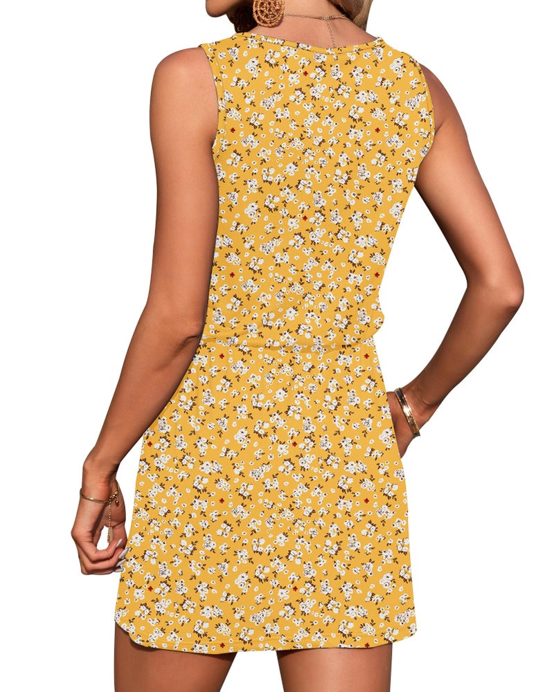 AUSELILY Womens Summer Dress Casual Sleeveless Sundresses Drawstring Waist Beach Cover up Short Swing Dresses with Pockets YE Floral S L - Image 4