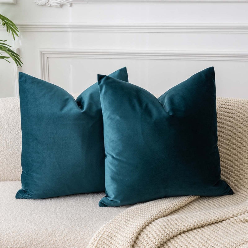 JUSPURBET Peacock Blue Velvet Throw Pillow Covers 20x20 inch Set of 2 for Living Room Couch Sofa Bedroom Decorative Square Solid Soft Cushion Cases with Invisible Zipper - Image 1
