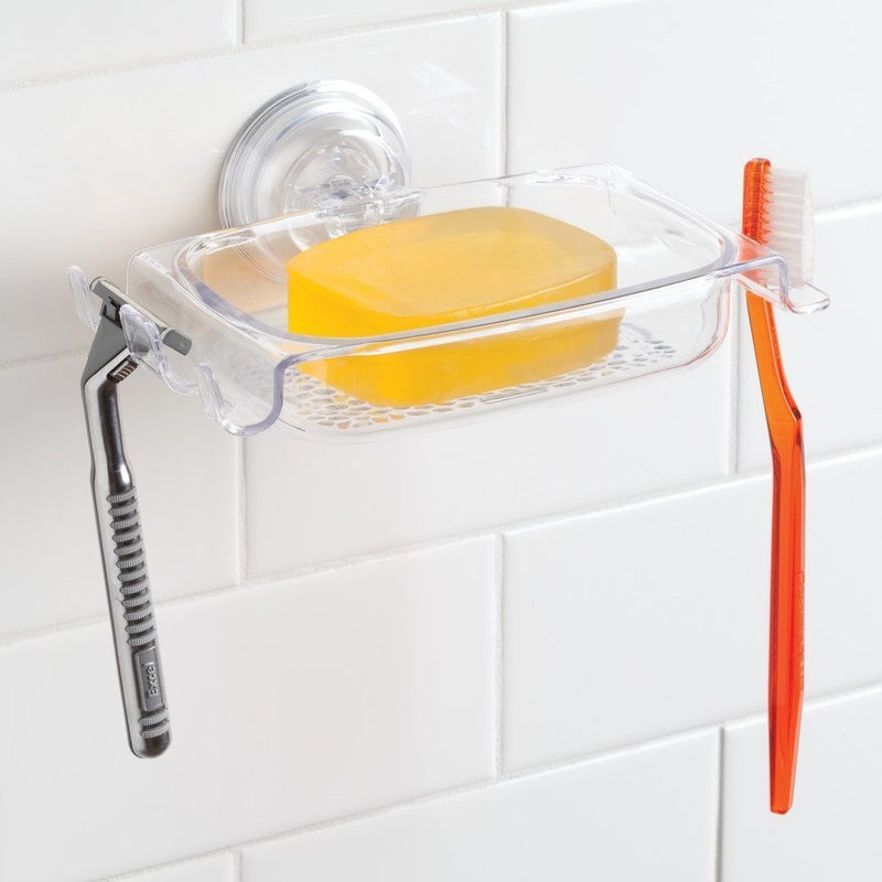 InterDesign حامل صابون معلق ذاتي التصريف من إنترديزاين رين مع حامل فرشاة الأسنان والشفرات - حامل صابون بقوة شفط قفل الطاقة للاستحمام، شفاف - Image 2