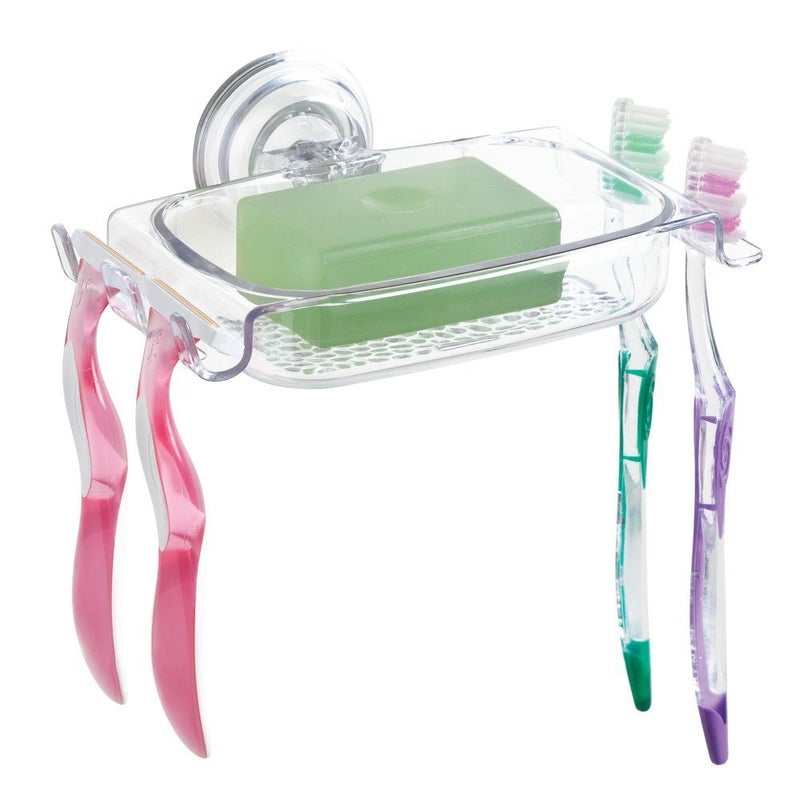 InterDesign حامل صابون معلق ذاتي التصريف من إنترديزاين رين مع حامل فرشاة الأسنان والشفرات - حامل صابون بقوة شفط قفل الطاقة للاستحمام، شفاف - Image 3