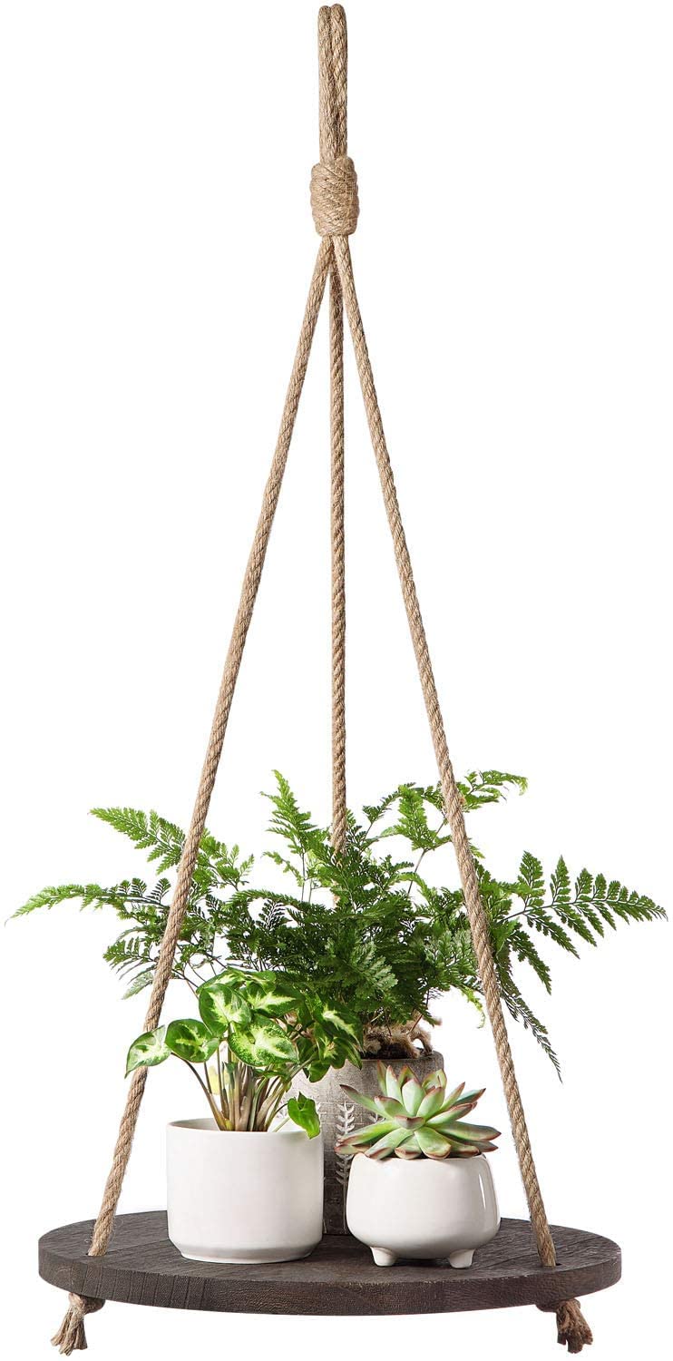 Dahey Hanging Plant Shelf Round Wood Rope Hanging Floating Shelf Vintage Home Decor Display Planter Rack for Living Room Bedroom Kitchen, Dark Brown - Image 1