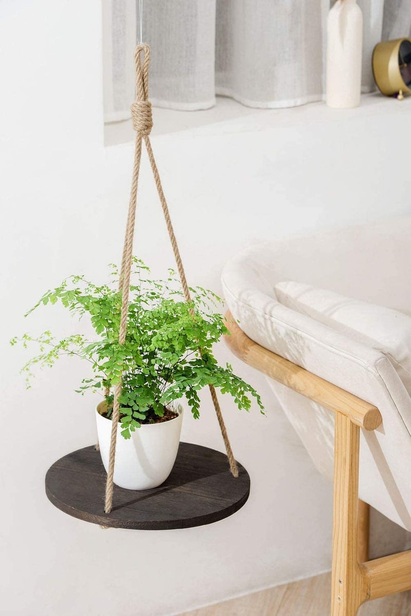 Dahey Hanging Plant Shelf Round Wood Rope Hanging Floating Shelf Vintage Home Decor Display Planter Rack for Living Room Bedroom Kitchen, Dark Brown - Image 4
