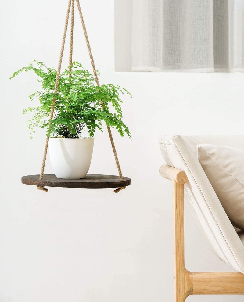 Dahey Hanging Plant Shelf Round Wood Rope Hanging Floating Shelf Vintage Home Decor Display Planter Rack for Living Room Bedroom Kitchen, Dark Brown - Image 5