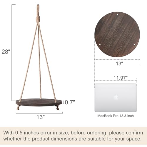 Dahey Hanging Plant Shelf Round Wood Rope Hanging Floating Shelf Vintage Home Decor Display Planter Rack for Living Room Bedroom Kitchen, Dark Brown - Image 3