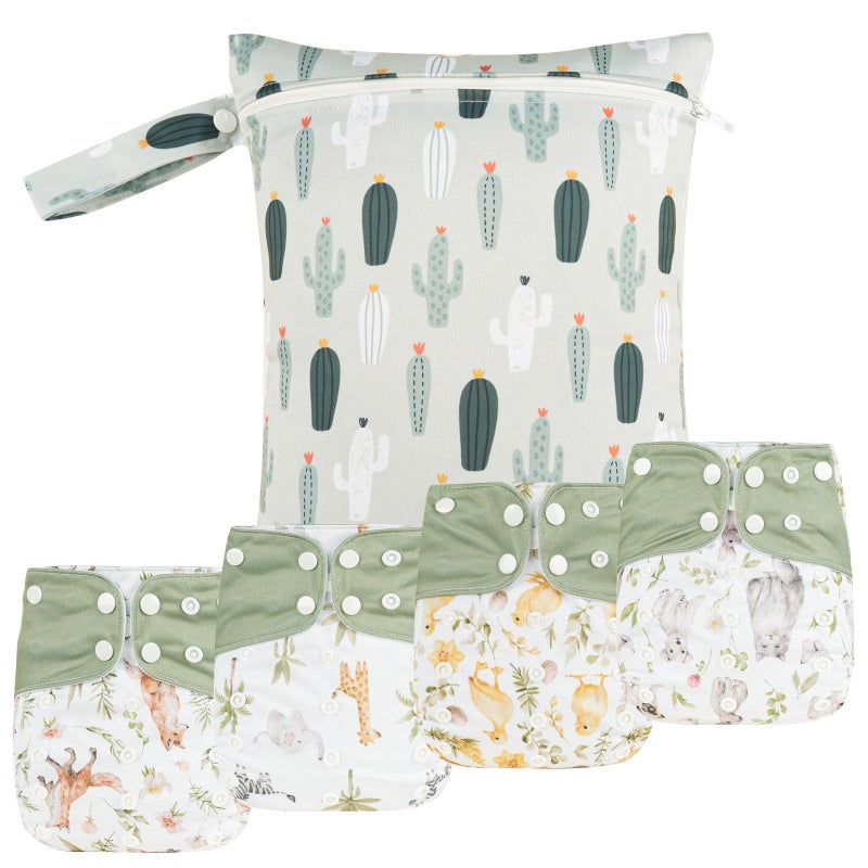 Happy Flute HappyFlute 9 Sets Newborn Baby Cloth Pocket Diapers Adjustable Reusable for Baby Boys and Girls(6-33 pounds,0-3 Years),One Wet Bag+4Diapers and 4Inserts (AD10) - Image 1