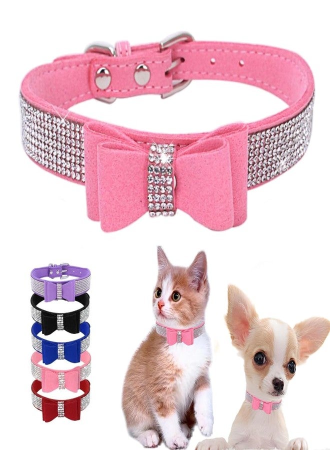 Weimostar Rhinestone Small Dog Collar with Bow, Bling Puppy Collars Diamond Sparkly Crystal Cute Fancy Adjustable for XXS XS Small Medium Pet Female Dogs Girls Cats Yorkie Kitten Pink S - Image 1