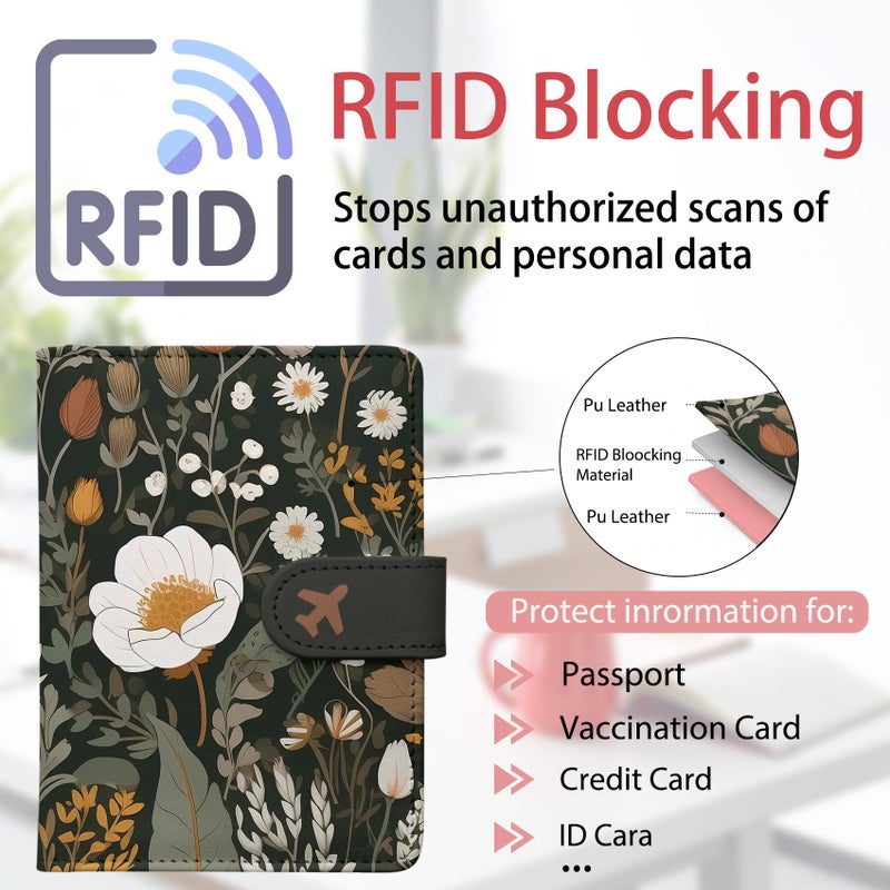 LumeTrav Passport Holder, Travel Wallet Cover with Pen Loop | Cute RFID Blocking Leather Case with Magnetic Closure for Travel Essentials-flower - Image 3