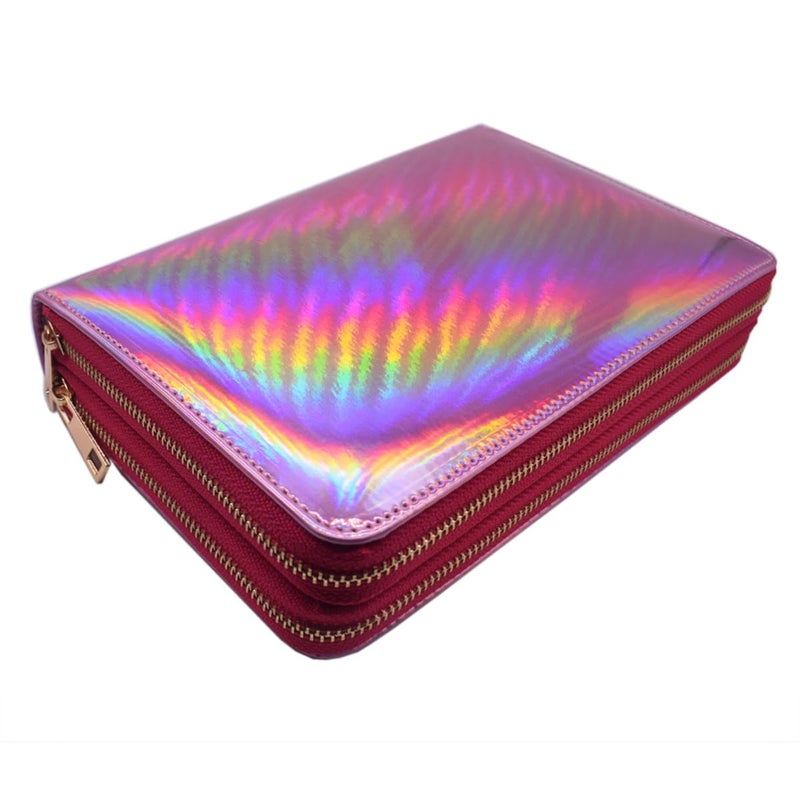 Mezerdoo 216 Slots Stamping Plate Holder Case Rainbow Laser Design Round Square Rectangular Nail Art Stamp Template Organizer 1pcs Empty Nail Art Plate Case Bag (pink- 216 Slots) - Image 1