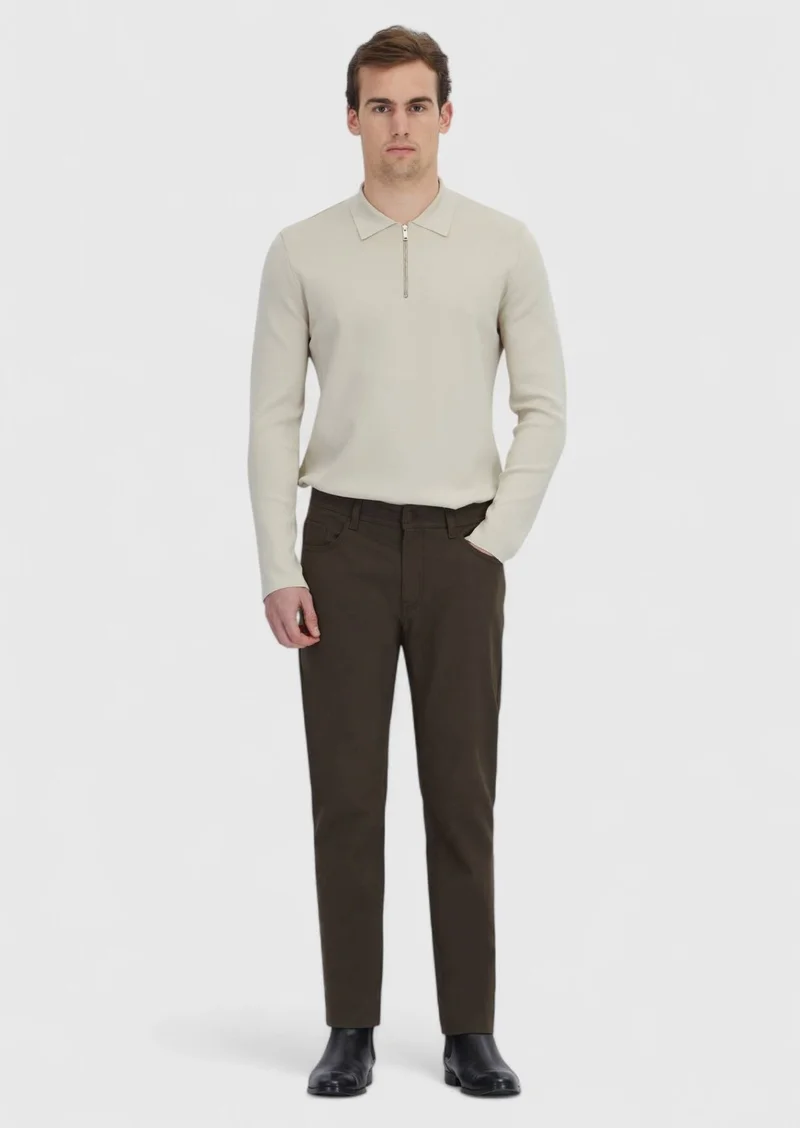 RAMSEY Khaki Weaving Slim Fit Casual Cotton Blended Trousers