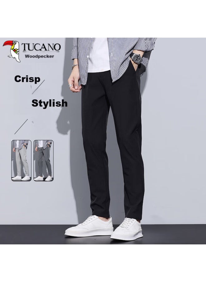 Tucano Men's Casual Pants Autumn Stretch Slim Fit Comfortable Straight Leg Solid Color Fashion Trendy Trousers Black 34 - Image 1