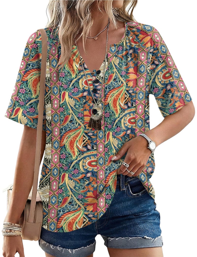 Rapbin Ladies Tops and Blouses: Ethnic Cotton Linen Tops for Women Summer Boho Top V Neck Short Sleeve Beach Clothes Dressy Casual Peasant Blouses L - Image 2