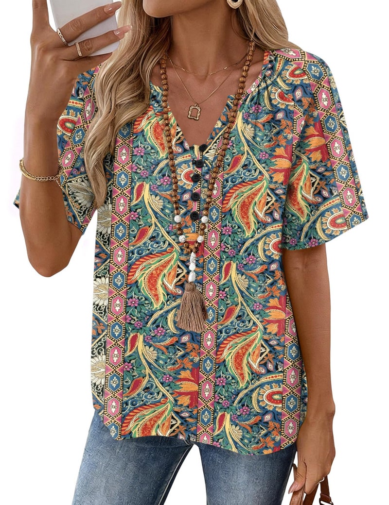 Rapbin Ladies Tops and Blouses: Ethnic Cotton Linen Tops for Women Summer Boho Top V Neck Short Sleeve Beach Clothes Dressy Casual Peasant Blouses L - Image 1