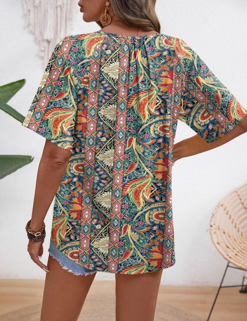 Rapbin Ladies Tops and Blouses: Ethnic Cotton Linen Tops for Women Summer Boho Top V Neck Short Sleeve Beach Clothes Dressy Casual Peasant Blouses L - Image 5