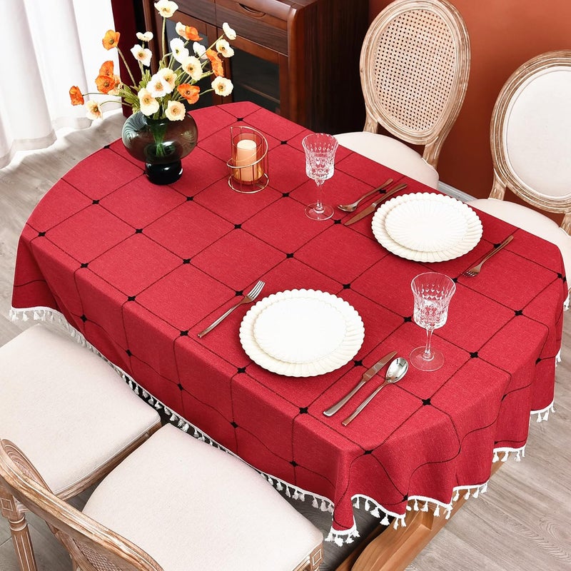 Monibana Plaid Farmhouse Red Oval Tablecloth Cotton Linen Heavy Weight Checkered Table Covers Cloths for Dining Room Kitchen Tabletop Decoration 54x72 Inch - Image 3