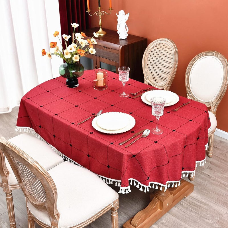 Monibana Plaid Farmhouse Red Oval Tablecloth Cotton Linen Heavy Weight Checkered Table Covers Cloths for Dining Room Kitchen Tabletop Decoration 54x72 Inch - Image 1