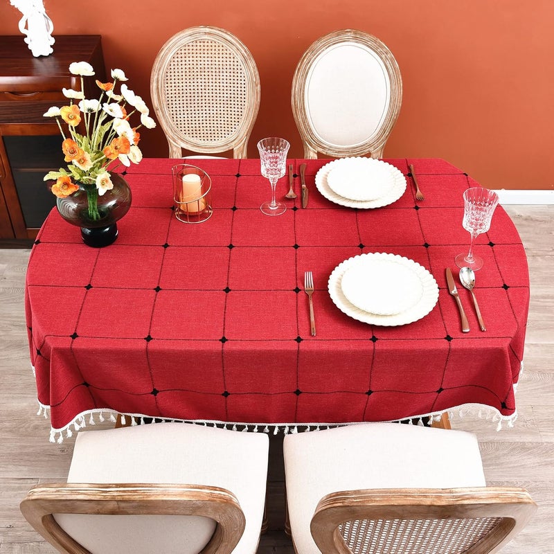 Monibana Plaid Farmhouse Red Oval Tablecloth Cotton Linen Heavy Weight Checkered Table Covers Cloths for Dining Room Kitchen Tabletop Decoration 54x72 Inch - Image 4
