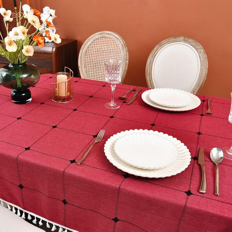 Monibana Plaid Farmhouse Red Oval Tablecloth Cotton Linen Heavy Weight Checkered Table Covers Cloths for Dining Room Kitchen Tabletop Decoration 54x72 Inch - Image 5