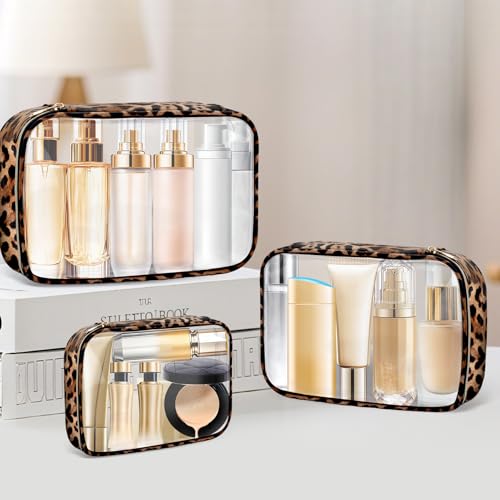 Tmtains 3Pcs Clear TSA Approved Toiletry Bag Cheetah Print Clear Makeup Bag with Zipper Large Small Mini Quart Size Travel Essentials Bags for Women Men Portable Cosmetic Pouch Travel Valentine Gifts - Image 3
