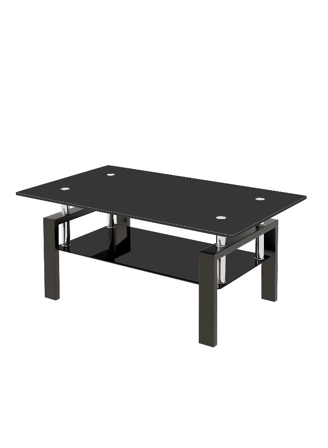 طاولة القهوة الزجاجية الحديثة ، طاولات الشاي الزجاجية القاسية السوداء ذات الطبقتين لغرفة المعيشة ، طاولة القهوة المستطيلة المركزية مع التخزين - Image 5