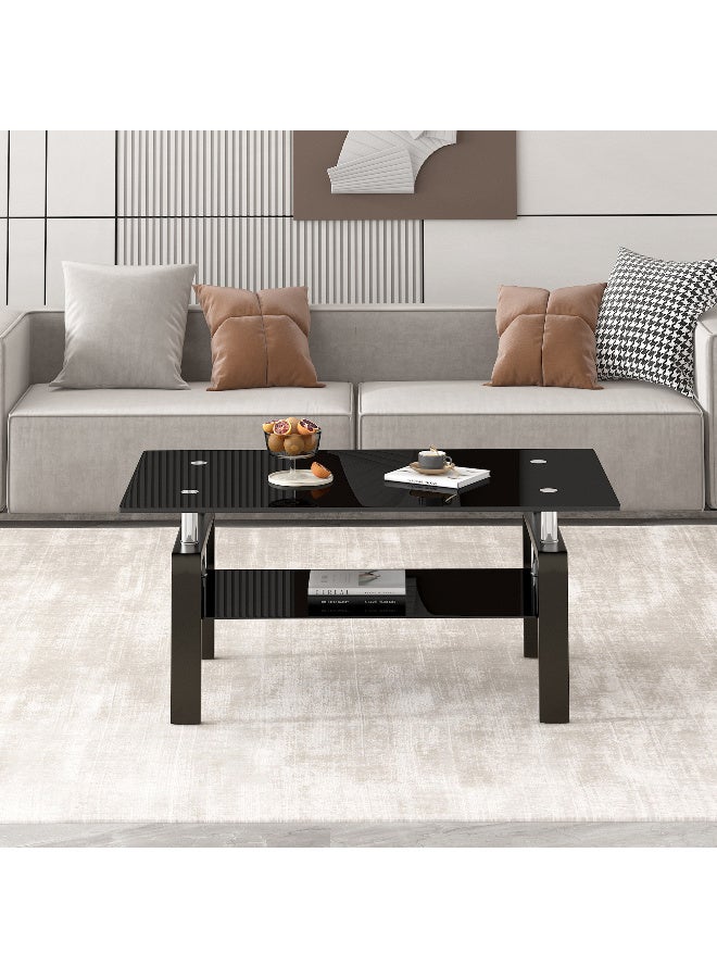 طاولة القهوة الزجاجية الحديثة ، طاولات الشاي الزجاجية القاسية السوداء ذات الطبقتين لغرفة المعيشة ، طاولة القهوة المستطيلة المركزية مع التخزين - Image 4