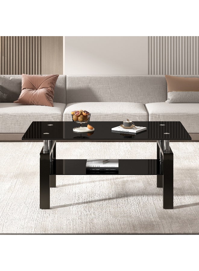 طاولة القهوة الزجاجية الحديثة ، طاولات الشاي الزجاجية القاسية السوداء ذات الطبقتين لغرفة المعيشة ، طاولة القهوة المستطيلة المركزية مع التخزين - Image 2