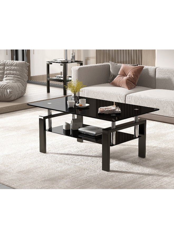 طاولة القهوة الزجاجية الحديثة ، طاولات الشاي الزجاجية القاسية السوداء ذات الطبقتين لغرفة المعيشة ، طاولة القهوة المستطيلة المركزية مع التخزين - Image 3