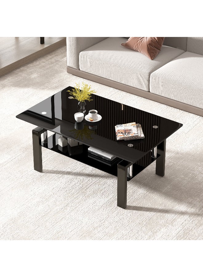 طاولة القهوة الزجاجية الحديثة ، طاولات الشاي الزجاجية القاسية السوداء ذات الطبقتين لغرفة المعيشة ، طاولة القهوة المستطيلة المركزية مع التخزين - Image 1